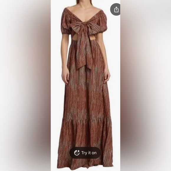 New Ramy Brook Medium Maxi Dress Striped Megan Cutout Tie Front Puff Sleeve New Ramy Brook Medium Maxi Dress Striped Megan Cutout Tie Front Puff Sleeve